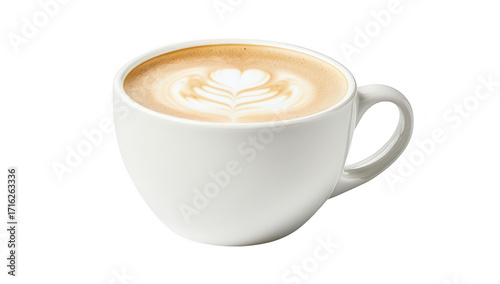 A beautifully crafted cup of latte with intricate heart-shaped foam art. placed on a clean white surface. evoking a cozy caf? atmosphere. perfect for coffee lovers and food photography enthusiasts