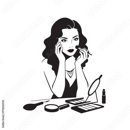 Black and white line art of a beautiful woman doing makeup at dressing table with mirror illustration
