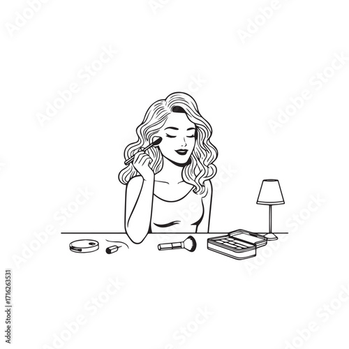 Black and white line art of a beautiful woman doing makeup at dressing table with mirror illustration
