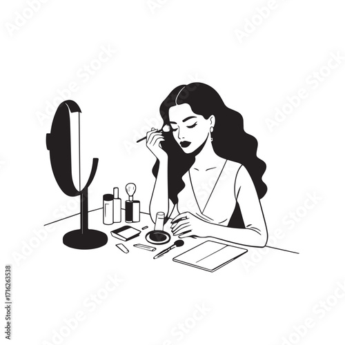 Black and white line art of a beautiful woman doing makeup at dressing table with mirror illustration
