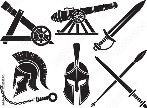 Ancient warfare icons: cannons, swords, helmets, spear