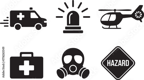 Emergency rescue icons ambulance siren helicopter first aid gas mask