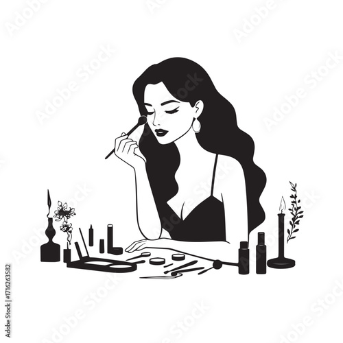 Black and white line art of a beautiful woman doing makeup at dressing table with mirror illustration
