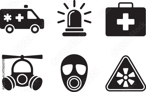 Emergency icons ambulance first aid gas mask siren hazard