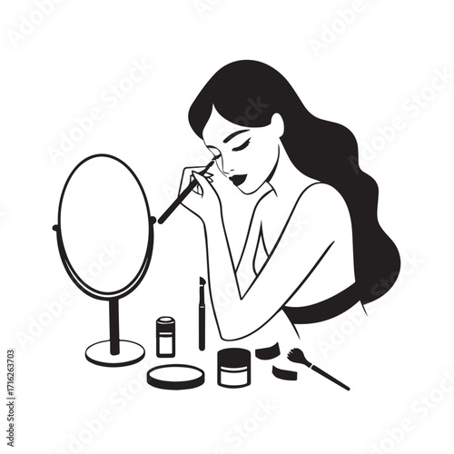 Black and white line art of a beautiful woman doing makeup at dressing table with mirror illustration
