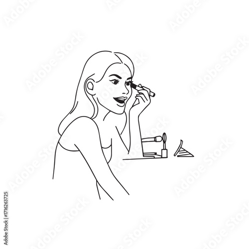 Black and white line art of a beautiful woman doing makeup at dressing table with mirror illustration
