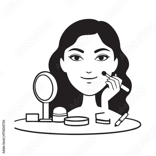 Black and white line art of a beautiful woman doing makeup at dressing table with mirror illustration
