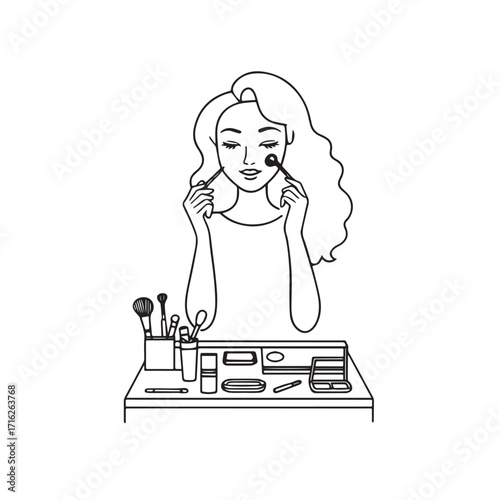Black and white line art of a beautiful woman doing makeup at dressing table with mirror illustration
