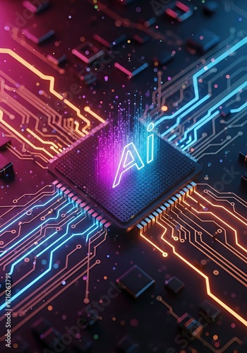 Artificial intelligence chip powering futuristic digital technology and machine learning