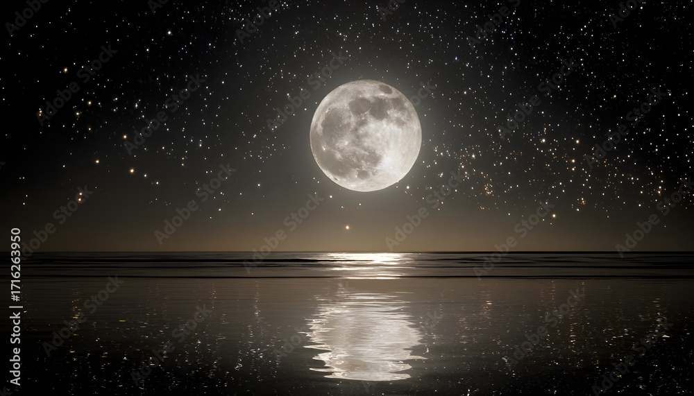 Fototapeta premium Bright, glowing full moon rises over a dark, reflective ocean water surface. Stars twinkle in the night sky
