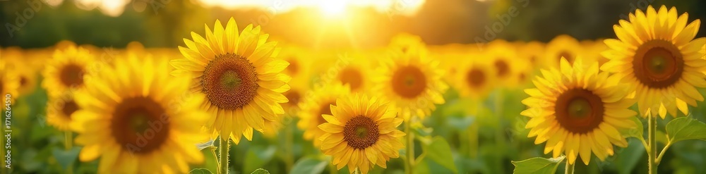Fototapeta premium Vibrant sunflowers bask in the golden sunlight, their faces turned towards the sun in a field of bright yellow and green A perfect summer scene of nature's beauty , flowers, bright colors
