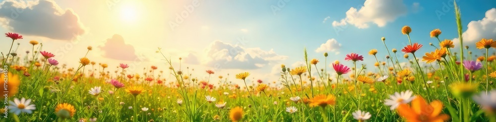 Obraz premium Vibrant sunlit meadow bursting with wildflowers, perfect for spring or summer themes Ideal for websites, blogs, and presentations needing a cheerful, bright background , bright, spring