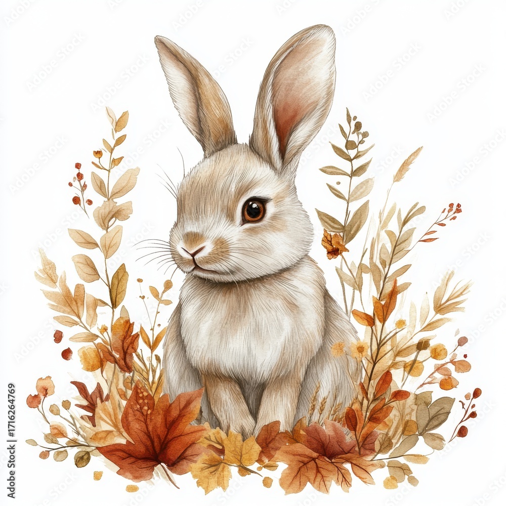 Obraz premium Adorable Brown Rabbit Surrounded by Autumn Leaves and Dried Flowers