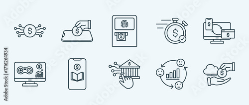 Financial technology thin icon set containing digital currency,mobile deposit,biometric atm,instant approval,cross platform
