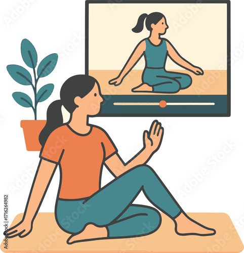 Flat colorful vector illustration of a person doing home yoga with smart TV fitness app