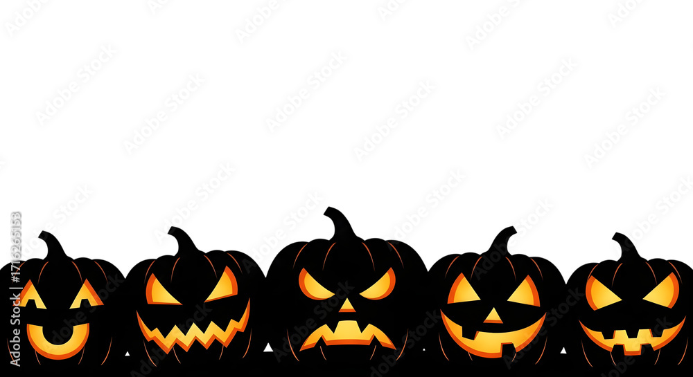 Fototapeta premium Row of carved halloween pumpkins isolated on transparent background