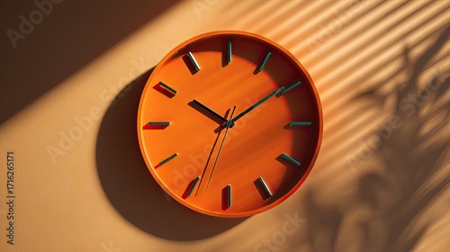 Wallpaper Mural Close-up shot of an orange clock hanging on a light brown wall with shadows. Torontodigital.ca