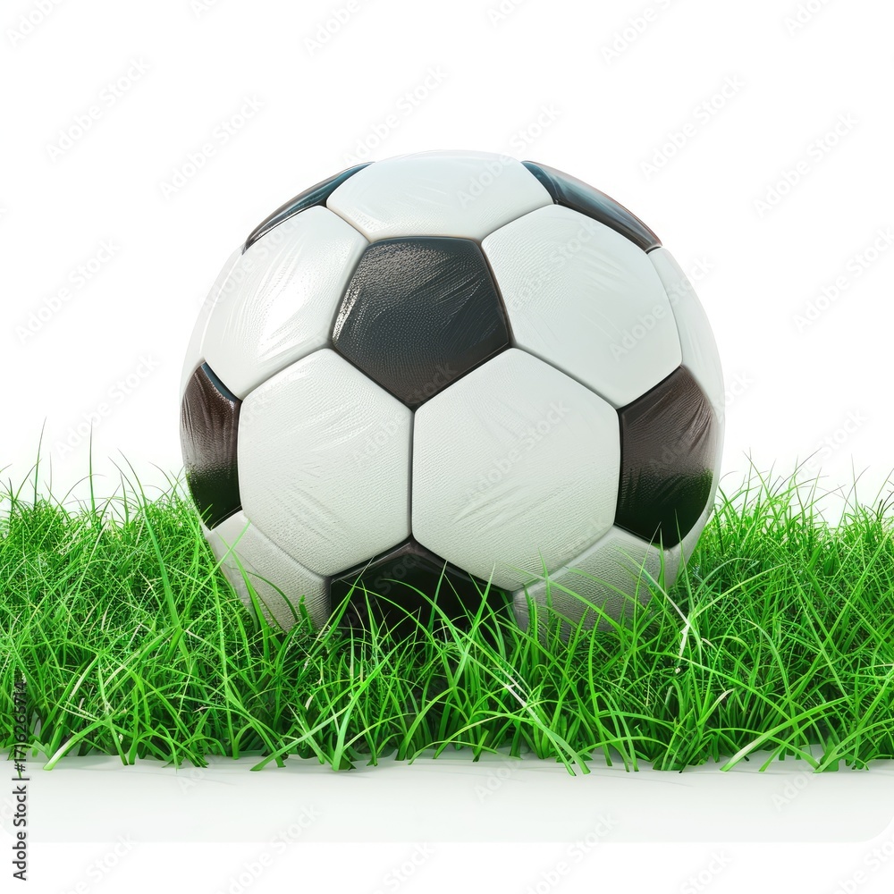 Obraz premium A classic black and white soccer ball rests on a patch of vibrant green grass against a stark white background