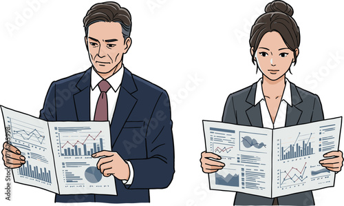 Business professionals analyzing financial reports with charts and graphs, corporate teamwork strategy discussion, data driven decision making in office environment