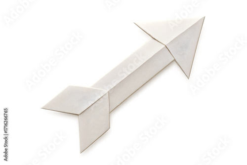 White folded origami arrow pointing right with minimalist paper design isolated on white background