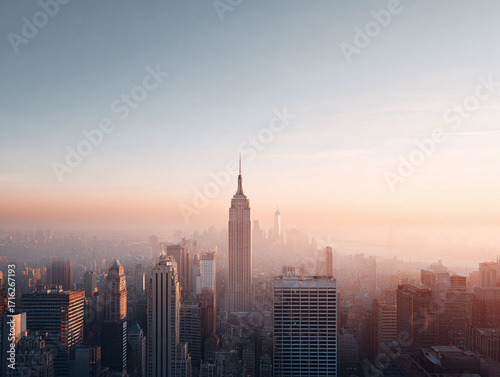 Breathtaking aerial view of a sprawling city skyline bathed in warm, ethereal light at dawn. Represents urban grandeur, ambition, and possibilities.