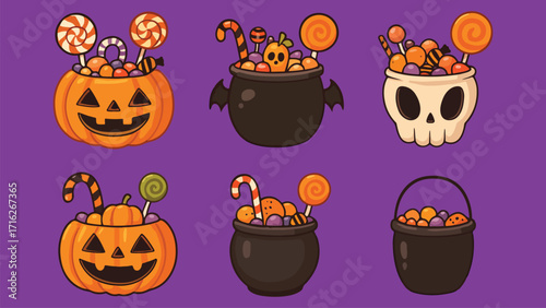 Halloween Candy Bucket Set with Pumpkin, Skull and Cauldron Vector Illustration