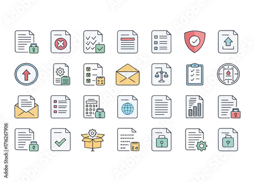 Collection of document and data icons in flat design style perfect for illustrating web applications and user interface design