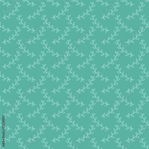 White contour drawing of grass on an aquamarine color background. Seamless pattern under clipping mask, convenient for editing. Floral background for paper, cover, textile, dishes, interior decor.