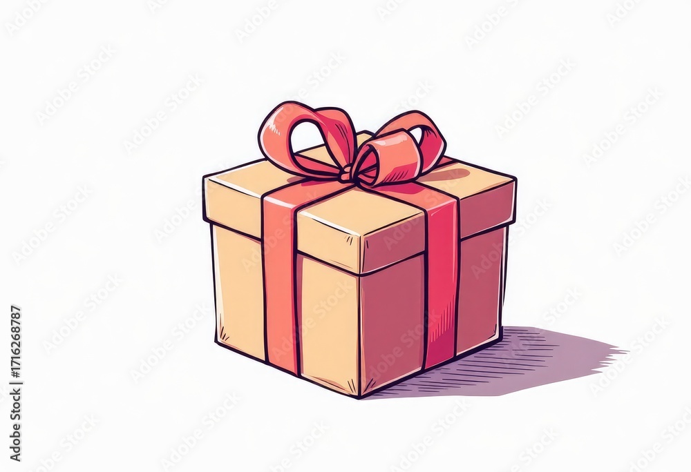 Fototapeta premium Gift box, light beige, red ribbon, cartoon style