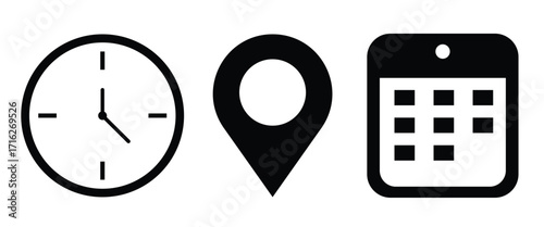 Location time calendar icons set for event planning, scheduled appointment reminders, dates, and place symbols