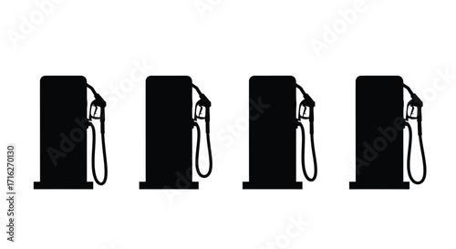 Row of four black silhouette gasoline fuel pumps standing side by side isolated on vector