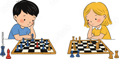 Cartoon children playing chess, strategic thinking, classroom activity, focused kids, vector art, learning, cute illustration, childhood, board game, concentration