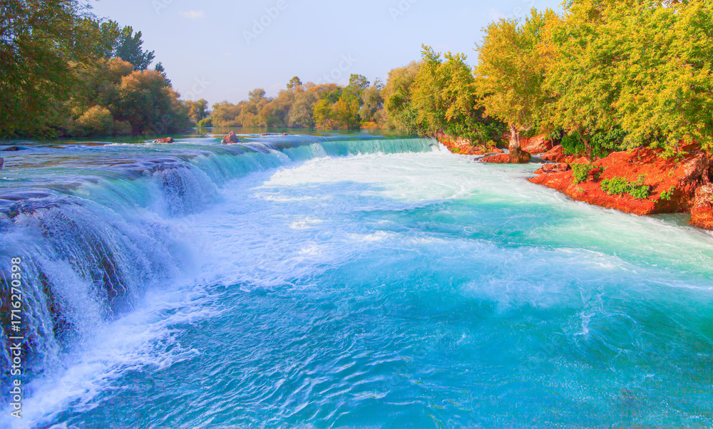 Fototapeta premium Amazing natural landmark of manavgat waterfall with waterfall lake landscape - Manavgat, Turkey
