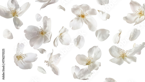 A delicate arrangement of white flower petals gracefully falling against a pure white background. creating a serene and tranquil atmosphere perfect for spring-themed designs or floral arrangements