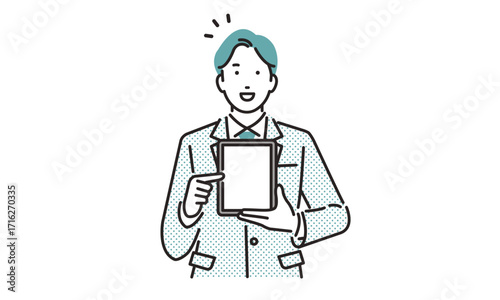 タブレットの画面を見せながら案内をするビジネスパーソンの男性