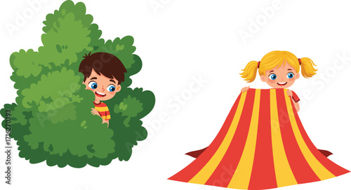 Cartoon children playing hide and seek, cheerful kids, outdoor fun, vector art, cute illustration, childhood, playful moment, happy faces, game