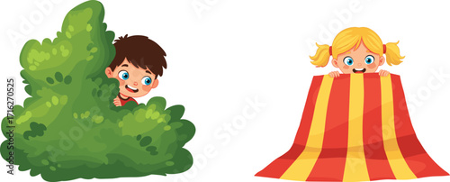 Cartoon children playing hide and seek, cheerful kids, outdoor fun, vector art, cute illustration, childhood, playful moment, happy faces, game
