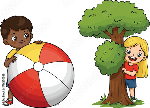 Cartoon children playing outdoors, cheerful kids, beach ball fun, hide and seek, vector art, cute illustration, childhood, happy moment, park scene