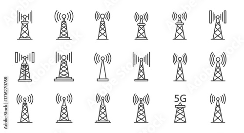 Set of stylized radio towers and communication antennas for wireless networks and 5g technology vector