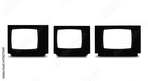 Three vintage black and white televisions displaying blank screens together vector