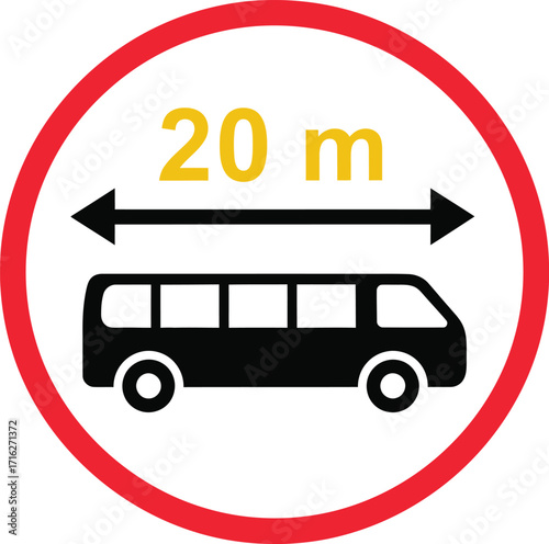 Traffic sign indicating minimum distance of 20 meters from bus.