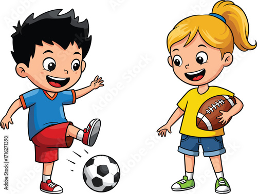 Happy kids playing soccer and football, cartoon children enjoying sports, boy kicking ball, girl holding rugby, fun active lifestyle