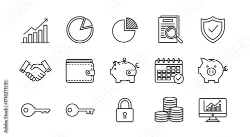 Hand-drawn financial icons set for business and finance concepts vector