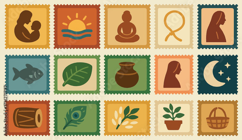 Cultural Heritage Stamps Collection Vintage Icon Set