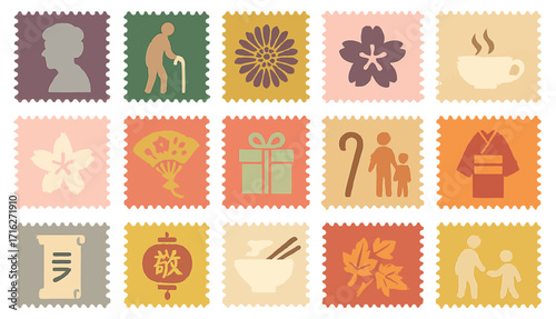 Japanese Grandparents Stamp Icons Set with Cultural Symbols