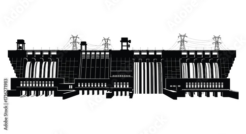 Iconic hydroelectric dam structure with multiple spillways generating clean renewable energy power vector