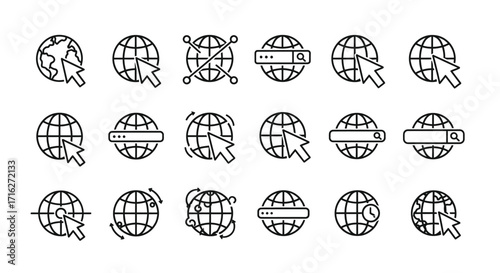 Collection of globe and cursor icons for internet and web navigation concepts vector