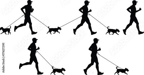 Man jogging with dog, runner silhouette, fitness exercise, outdoor running, pet walking, healthy lifestyle, training partner, canine workout activity