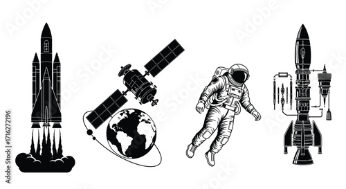 Retro space exploration icons set launching rockets astronaut satellite orbiting earth detailed retro graphics vector