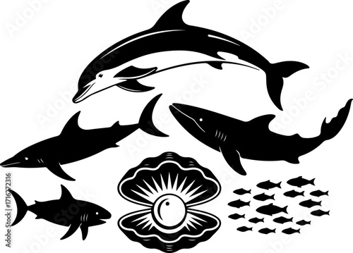 "Shark, Dolphin, and Fish Silhouette Collection"

"Ocean Life Vector Set – Marine Animal Silhouettes"

"Underwater Creatures: Shark, Dolphin & Fish Designs"